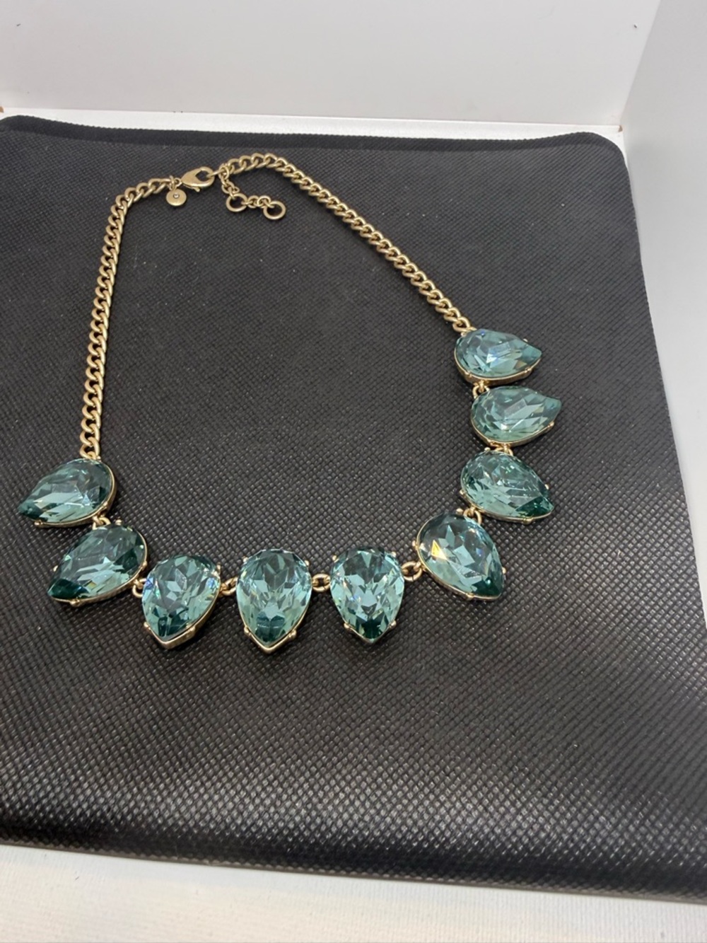 EUC J Crew Vintage Sky Blue Crystal Tear Drop Gold Tone Statement Necklace